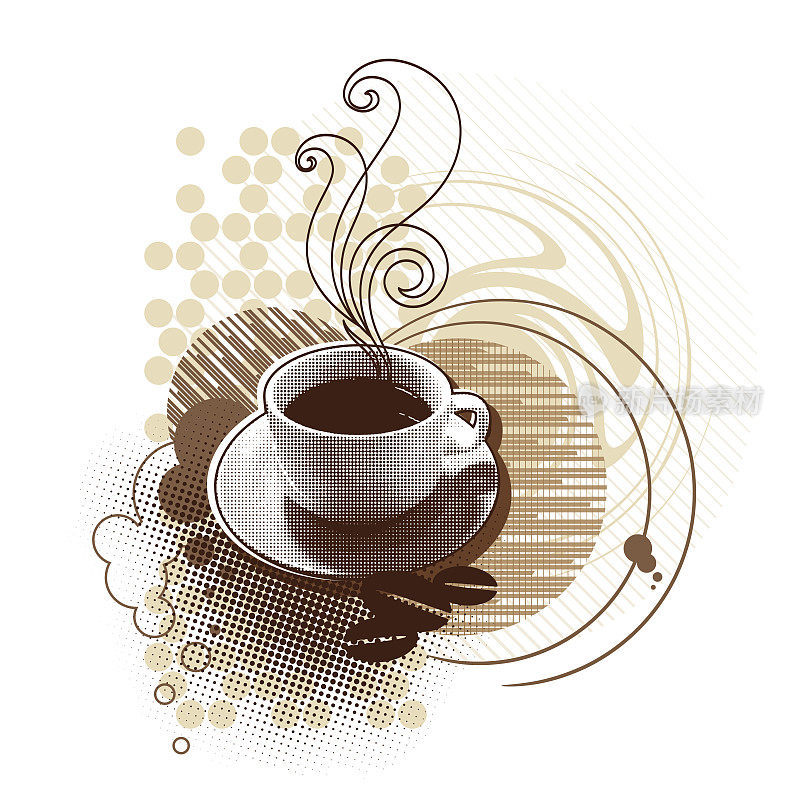 插图咖啡杯与抽象的咖啡豆背景