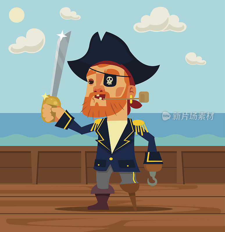 快乐的海盗船长角色。矢量平面卡通插图