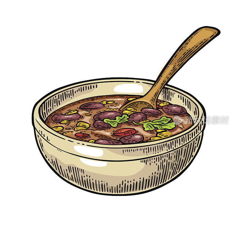 墨西哥辣肉酱碗配勺子-墨西哥传统食物。