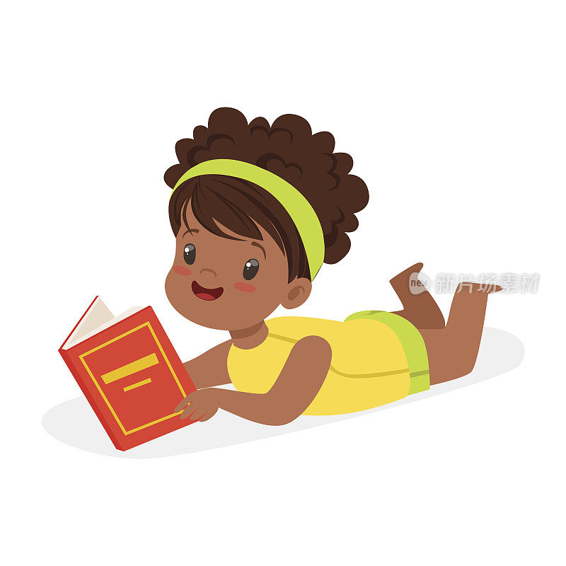 甜美的非洲女孩躺在地板上看书，彩色的卡通人物矢量插画