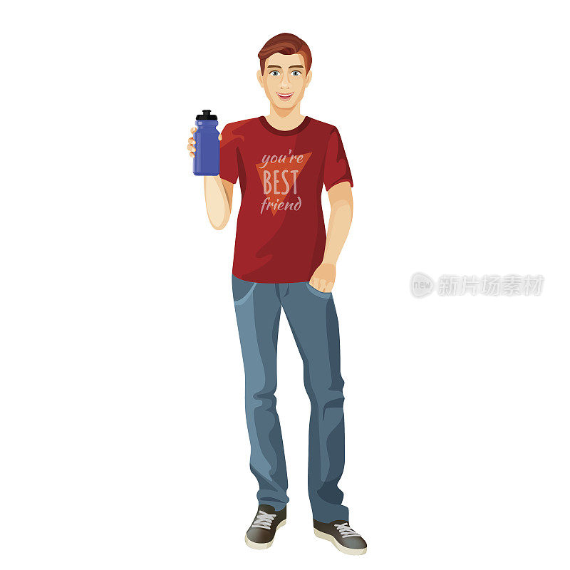 穿着t恤和牛仔裤的男人拿着塑料瓶的水