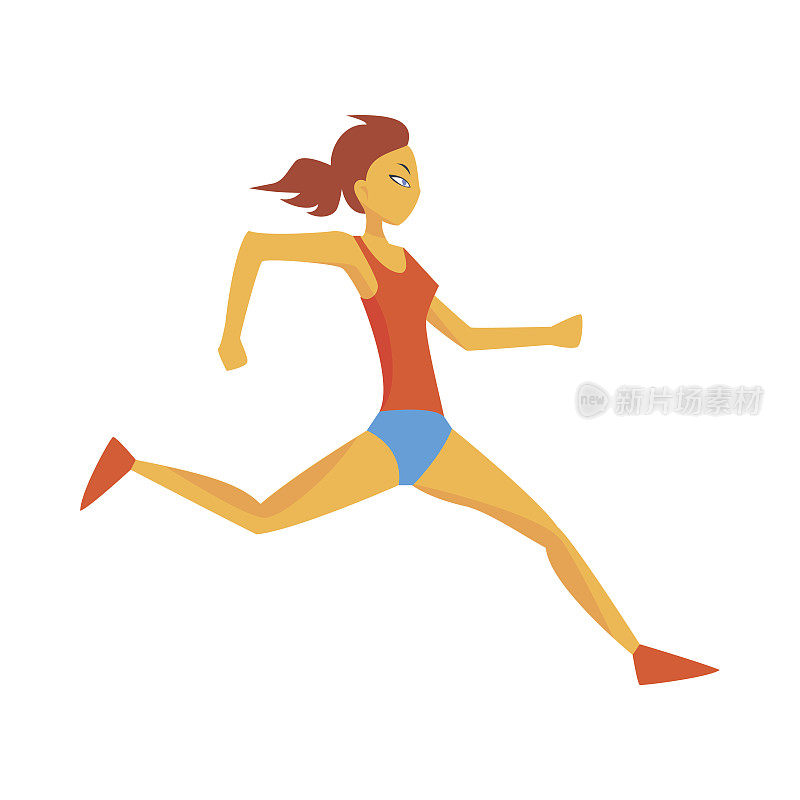 女子左腿着地，女子运动员在赛道上跑红色上衣和蓝色短袖比赛插图