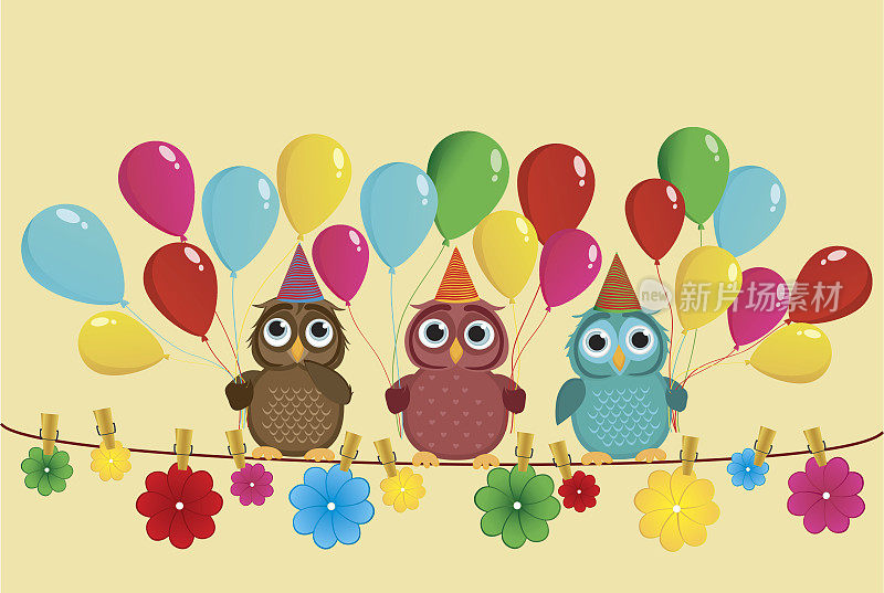 三只可爱的猫头鹰坐在绳子上拿着气球。晾衣夹上挂着彩色的纸花。假期的生日。向量。邀请去度假。贺卡与空白的标签或广告。