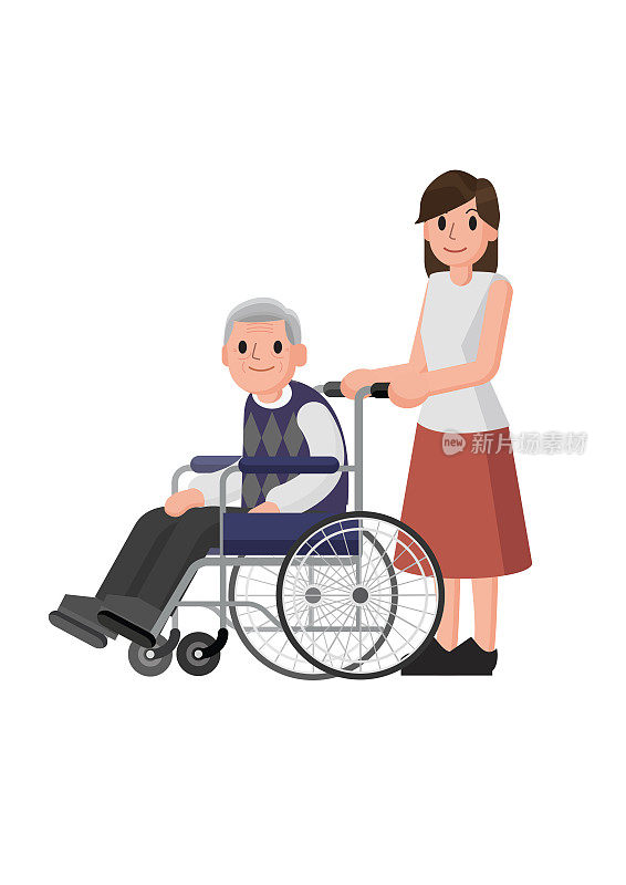 坐轮椅的老人和细心的女人。年轻的志愿者照顾老人。成人帮助和赡养老年男性。