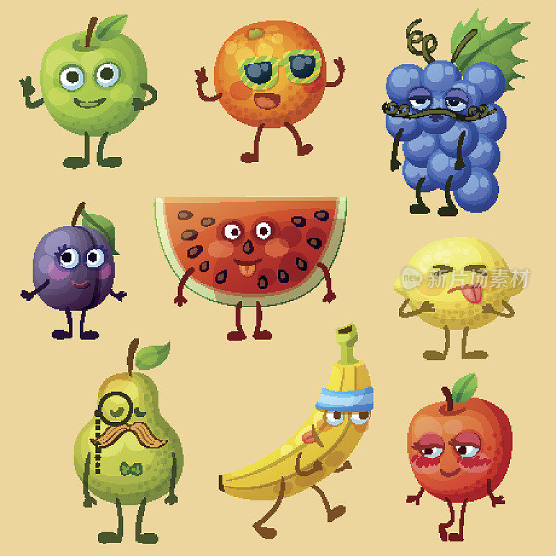 有趣的水果性状孤立在白色背景。emoji快乐的食物。卡通矢量插图:绿梨、红苹果、黄香蕉、紫李子、橙、蓝葡萄、西瓜、柠檬、梨