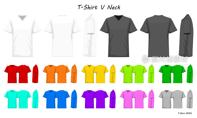 t恤v领颜色系列为您的设计，模型广告，空白印刷，矢量插图，白黑灰红橙黄绿蓝紫粉颜色