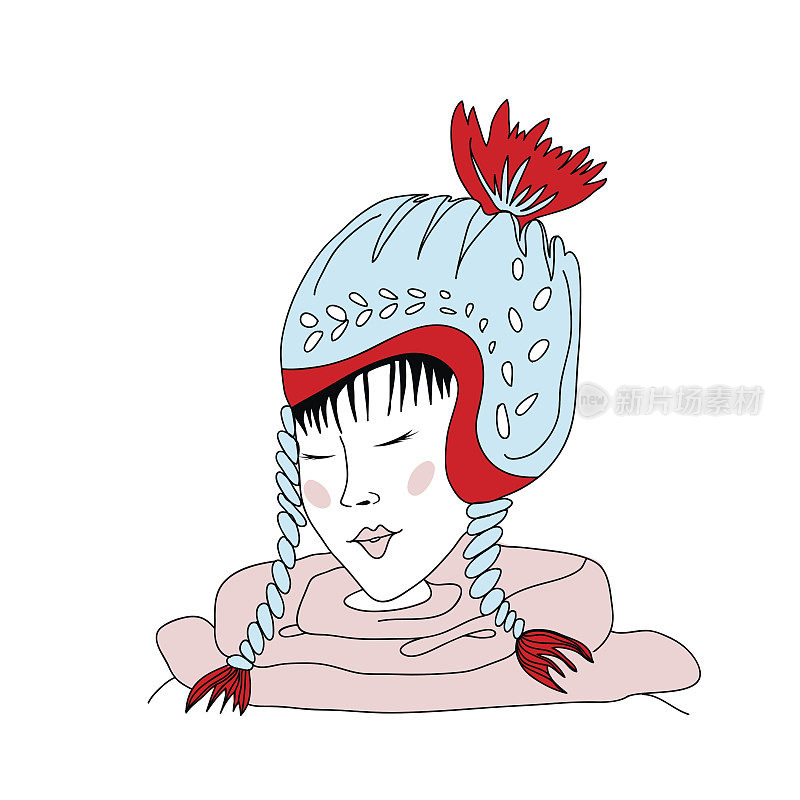 闭着眼睛戴着冬季帽子的亚洲女孩。矢量插图，孤立在白色背景上。