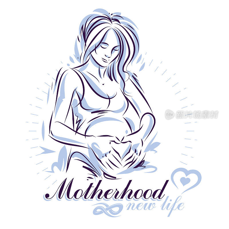 孕妇优雅的孕妇手绘插画，素描。医疗中心怀孕援助营销传单模板