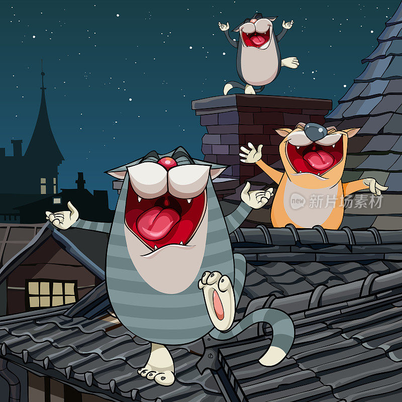 卡通有趣的猫晚上在屋顶上大喊