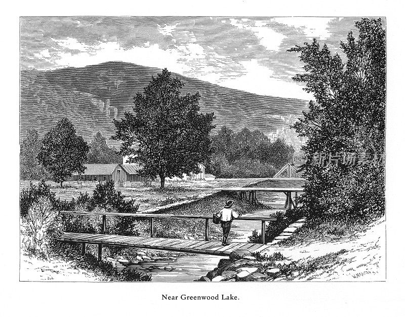美国新泽西州小瀑布下的Passiac河Greenwood湖附近，美国维多利亚版画，1872年