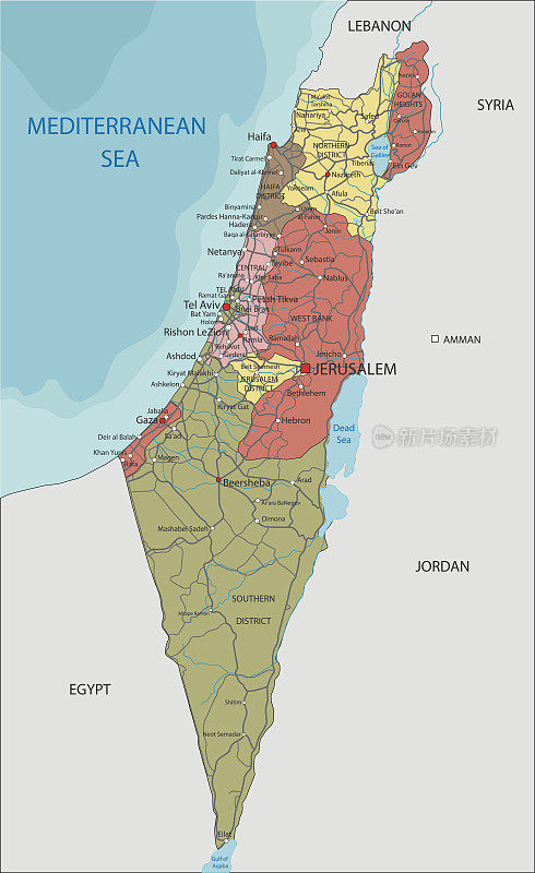 详细的以色列政治地图。