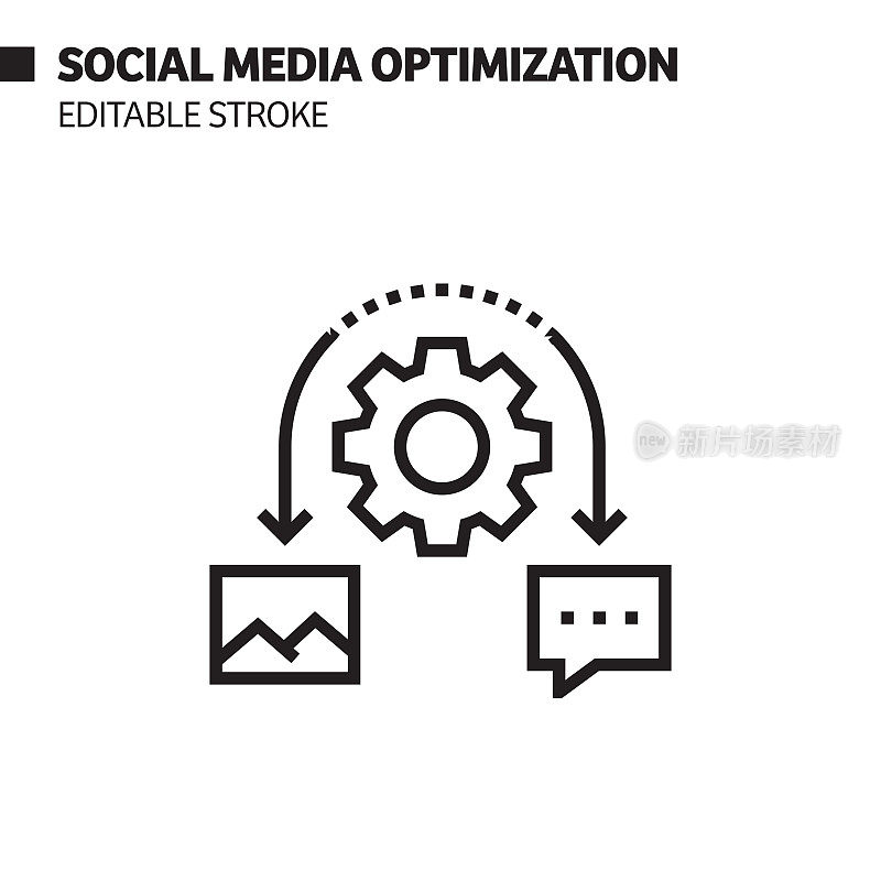 社交媒体优化线图标，轮廓矢量符号插图。完美像素，可编辑的描边。