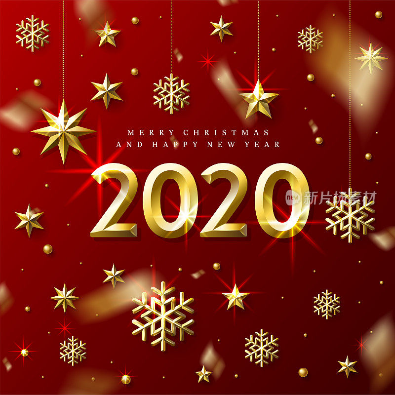 新年和圣诞贺卡与金色的雪花，星星和珠子在红色的背景。现实的金色数字2020。向量假日插图。