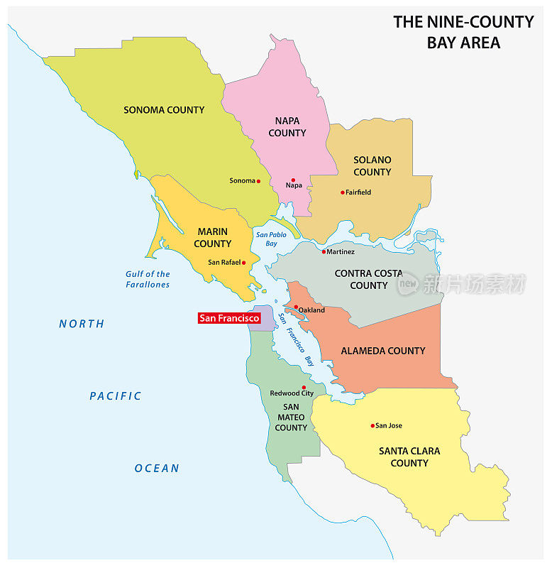 行政地图的加利福尼亚地区旧金山湾区