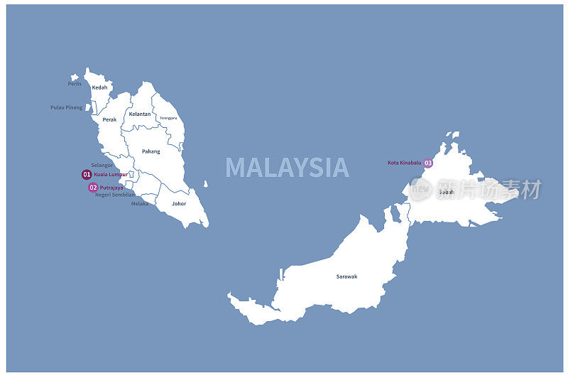 马来西亚地图。矢量地图马来西亚在亚洲国家
