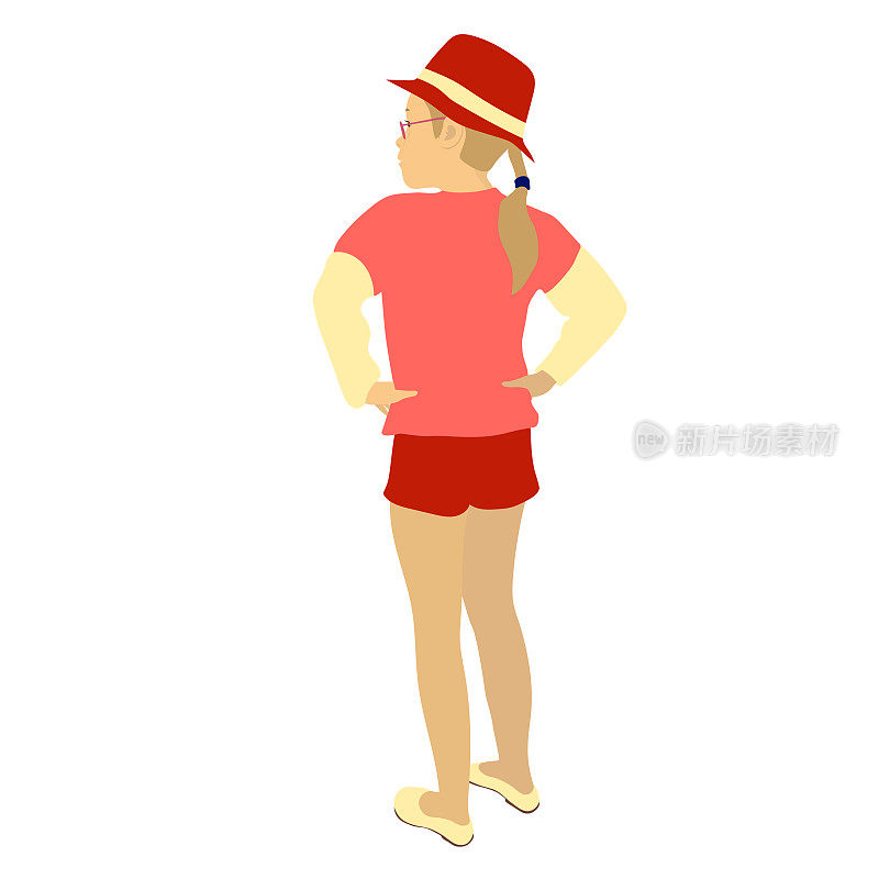 插图的一个女孩在一个红色的帽子和夏天的衣服