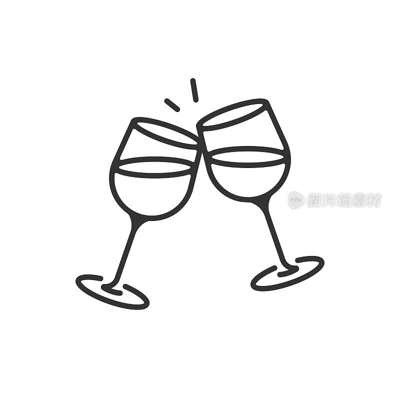 香槟酒杯和干杯图标。庆祝，假日轮廓矢量设计在白色的背景。