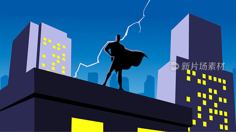 向量超级英雄剪影在城市在夜间存货插图