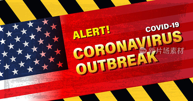 美国国旗上的冠状病毒爆发警告标志
