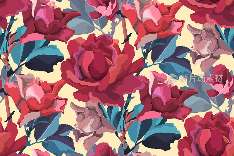 艺术花卉矢量无缝图案。红色，勃艮第，栗色花园玫瑰，牡丹花蕾