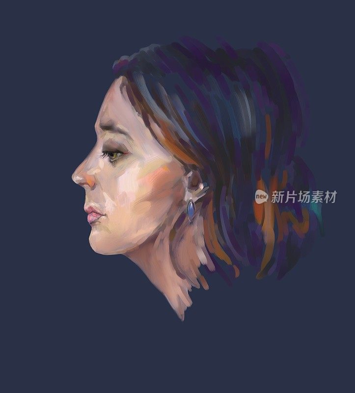 插图油画肖像profile的女人与长黑发在一个深傍晚蓝色的背景