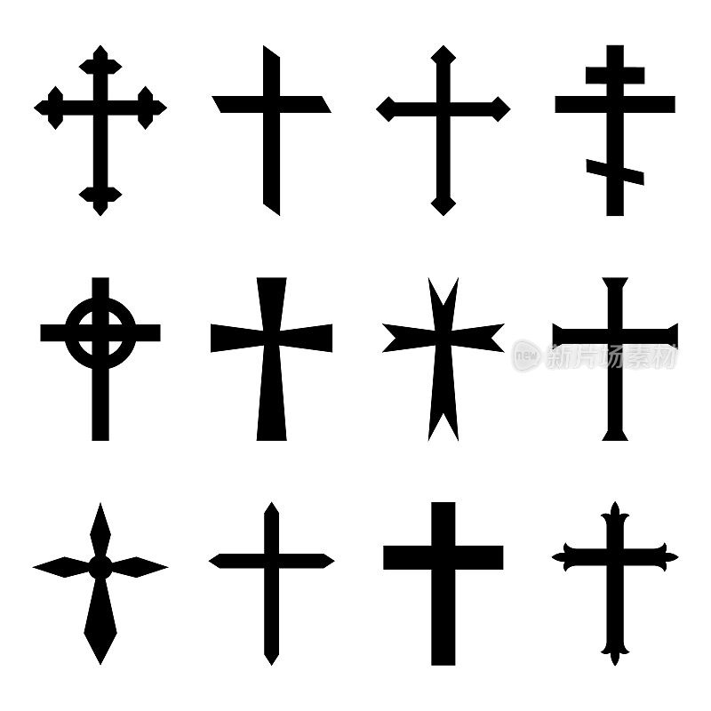 基督教的十字架。十字架图标。黑色的天主教的象征。耶稣教堂的哥特式宗教剪影。白色背景上的正统十字架。信仰，神圣，复活的标志。向量