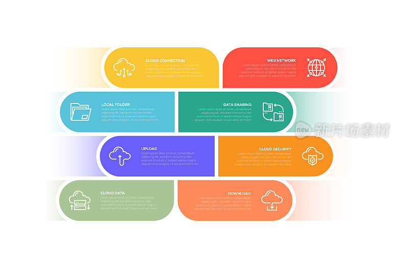 信息图表设计模板。云连接,网络,本地文件夹,数据共享,上传,云安全,云数据,下载图标8个选项或步骤。