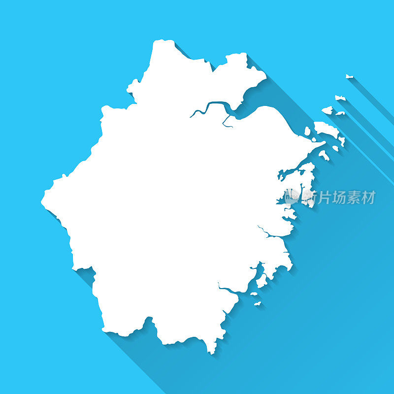 浙江地图，蓝色背景上的长阴影-平面设计