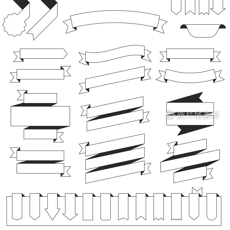 一套丝带，横幅(轮廓，线条艺术)-设计元素在白色的背景