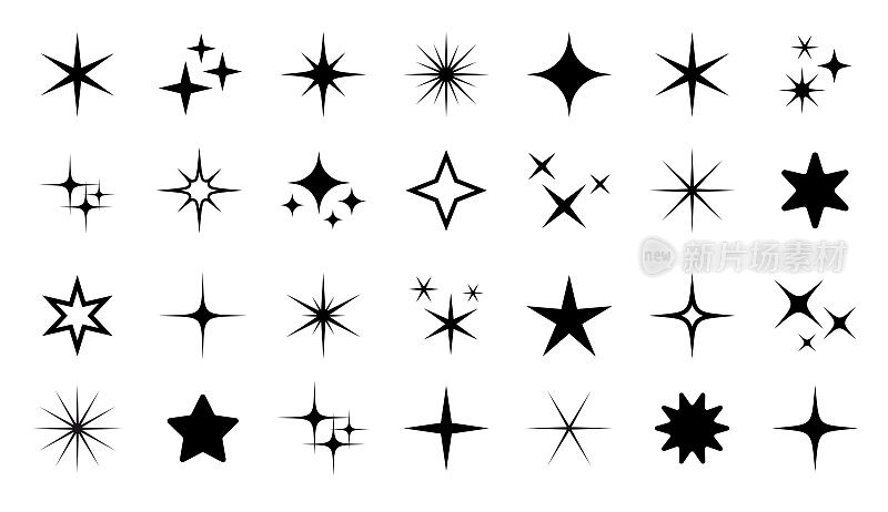 闪耀星图标设置-矢量股票插图。不同形式的恒星，星座，星系