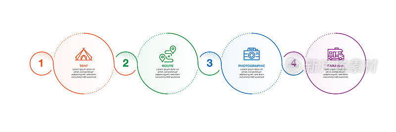 信息图表设计模板。帐篷，路线，摄影，大篷车图标有4个选择或步骤。