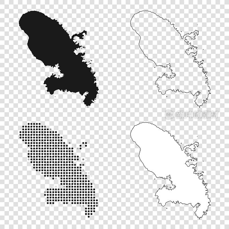 马提尼克地图设计-黑色，轮廓，马赛克和白色