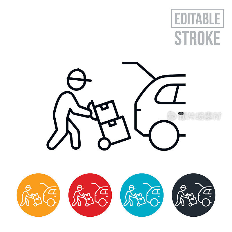 包裹递送到附近的车辆细线图标-可编辑的行程