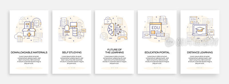 电子学习，在线教育和远程教育相关的移动应用程序页面屏幕与平面图标。用户体验，用户界面设计模板矢量插图