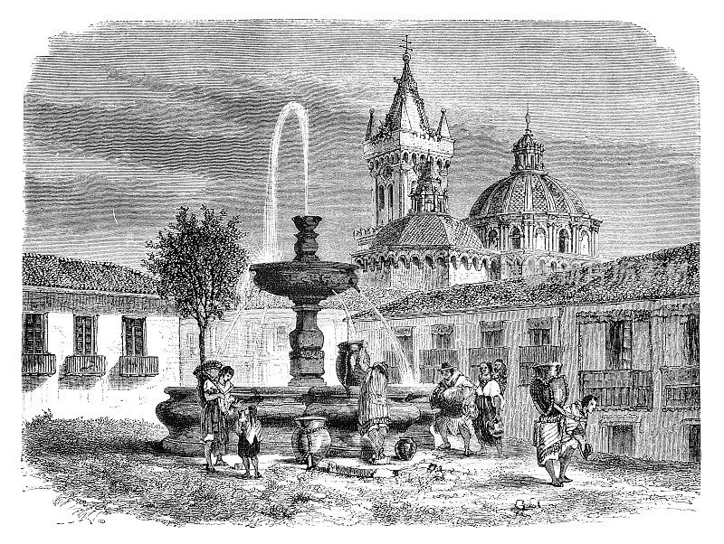 1867年，厄瓜多尔基多大教堂附近，人们在基多街道上