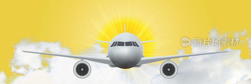 喷气式飞机以高空飞行的高空云和日出作为商务和旅游的设计理念。矢量插图。