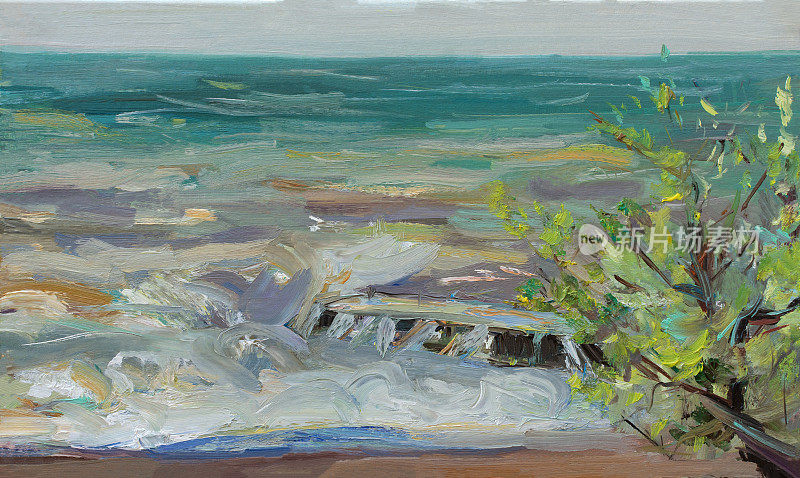 海油画。抽象的绿松石海景。印象派，素描，原创作品。
