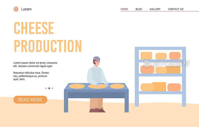 奶酪生产网站与奶酪制造者卡通矢量插图。