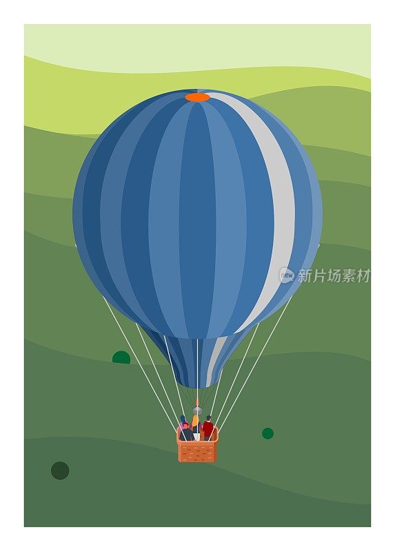 热气球飞过小山。简单的平面插图。