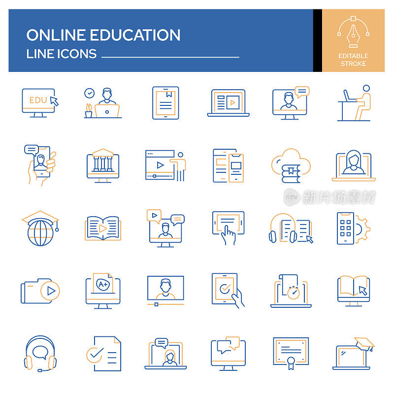 一套在线教育相关的线图标。轮廓符号集合，可编辑的描边