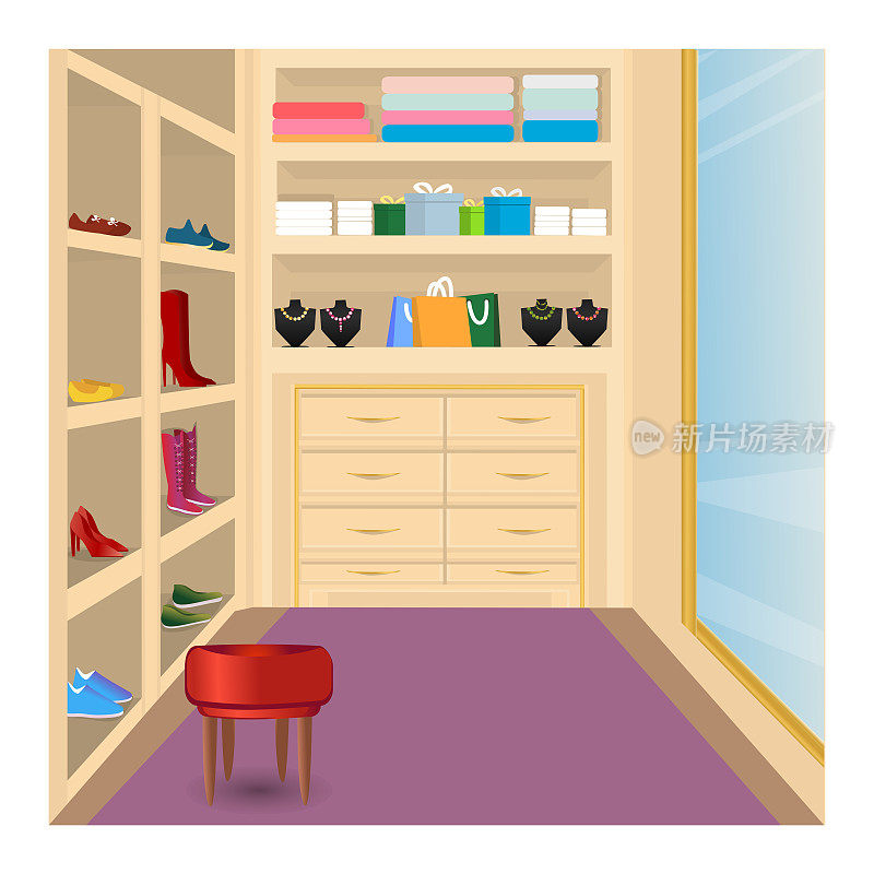 衣柜。镜子。架子上的东西。储藏室。试穿衣服的空间。家居或商店的概念。买衣服和配饰。在线商店。