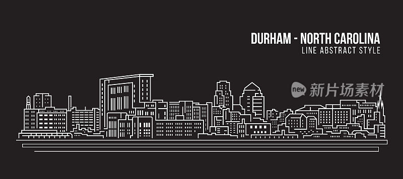 城市景观建筑线条艺术矢量插图设计-达勒姆市(北卡罗来纳州)