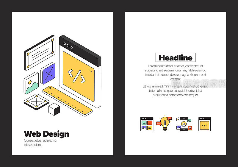 网页设计概念等角网页横幅，海报，封面和横幅的三维设计