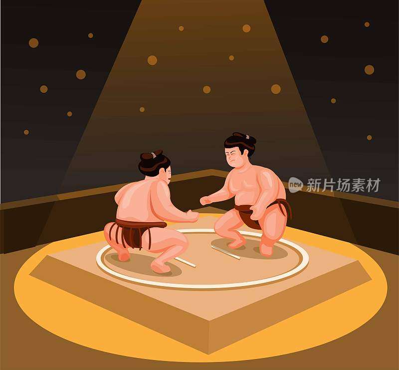 相扑摔跤手战斗日本传统武术，体育活动插图向量