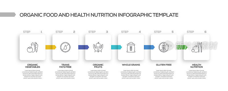 有机食品和健康营养相关工艺信息图表模板。过程时间图。带有线性图标的工作流布局
