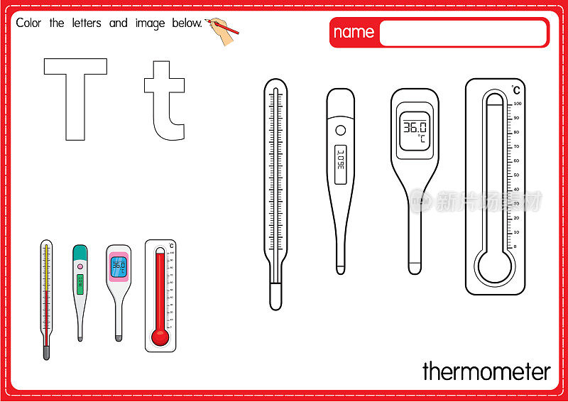 矢量插图的儿童字母着色书页与概述剪贴画，以颜色。字母T代表温度计。
