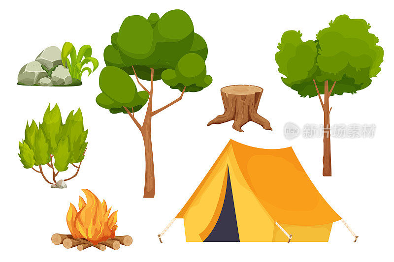 营火、帐篷、灌木、森林树木、老树桩和苔藓石堆在白色背景上孤立的卡通风格。森林活动,假期。矢量图