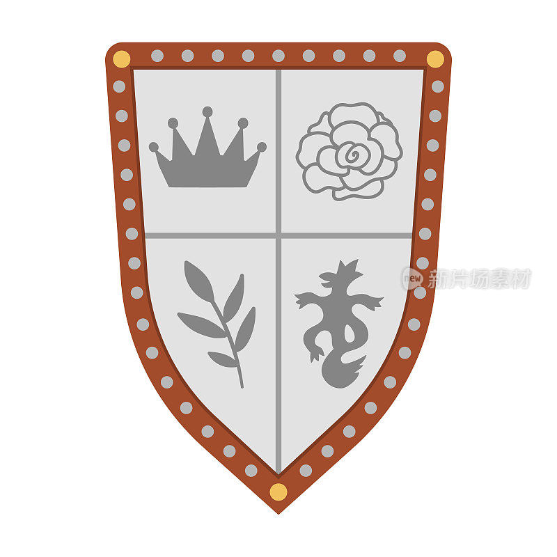 向量盾牌图标。象征王权的童话骑士盔甲。童话般的士兵的剑。卡通中世纪武器插图。