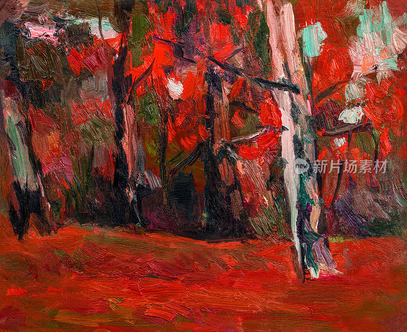 插图油画自然景观树干红叶黄草背景上的秋天的天空