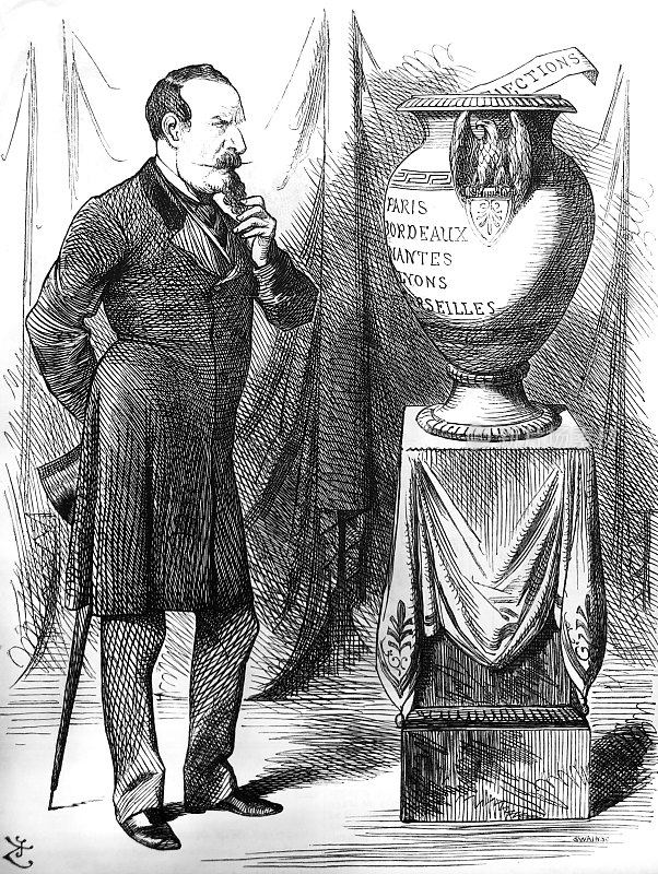 英国讽刺漫画漫画插图——一个男人看着一个大花瓶在底座上，上面写着“巴黎-波尔多”